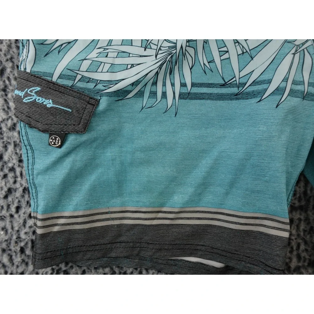 Maui and Sons Mens Board Shorts Teal Blue Palm Leaf Print‎ Elastic Waist 36